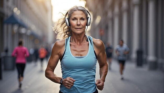 Atleta maduro e correndo na cidade com fones de ouvido para exercícios de fitness ou música de treinamento de maratona