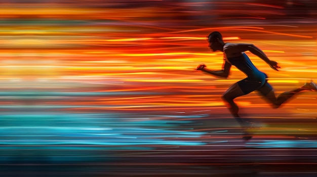 Un atleta masculino corriendo a alta velocidad capturado con un impresionante efecto de desenfoque de movimiento que muestra movimiento dinámico y colores vibrantes