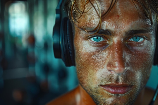 Atleta masculino decidido descansando con auriculares