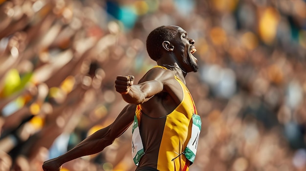 Atleta masculino enérgico ganando la carrera la multitud aplaudiendo en el fondo el momento de la victoria capturó el entusiasmo deportivo AI