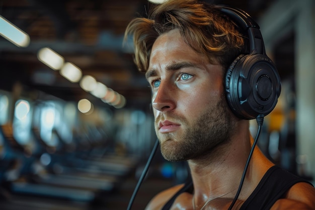 Foto atleta masculino enfocado que usa auriculares en el gimnasio