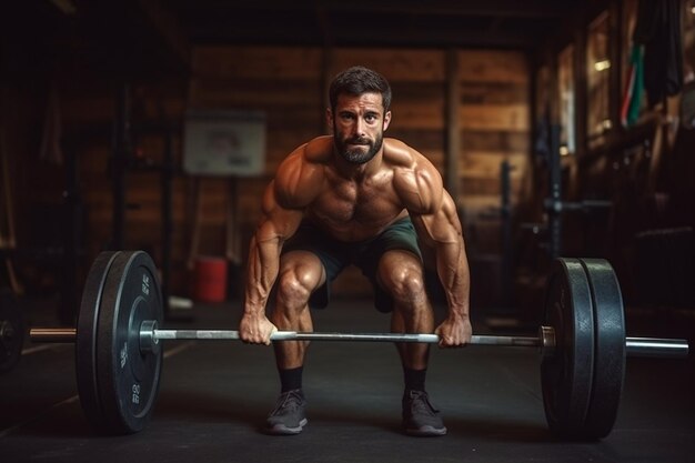 El atleta masculino entrenando duro en el gimnasio