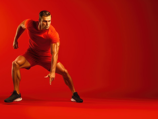 Atleta masculino forte de camisa vermelha jogando tênis em fundo vermelho