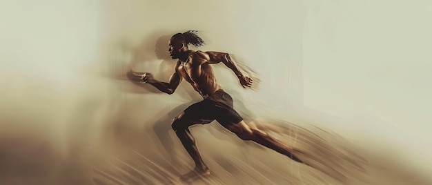 Atleta masculino musculoso corriendo ferozmente con un efecto de movimiento dramático que destaca su velocidad