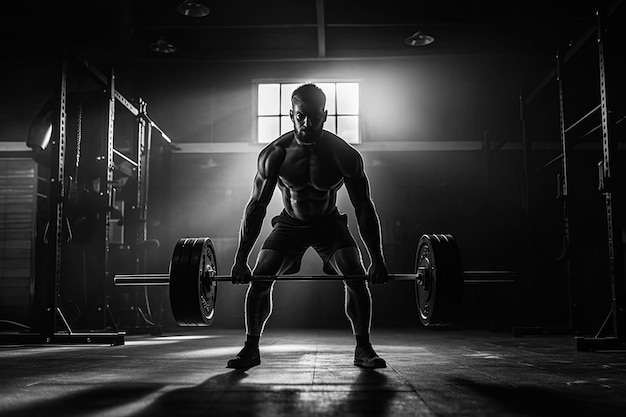 Atleta masculino musculoso en el gimnasio levanta una barra Ilustración generativa de IA