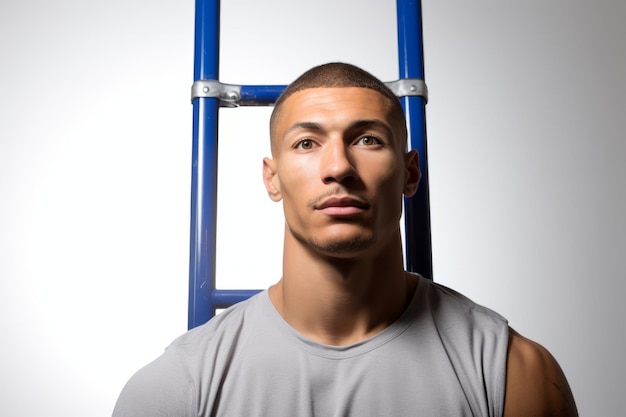 Atleta masculino preto em frente à escada azul olhando para a câmera