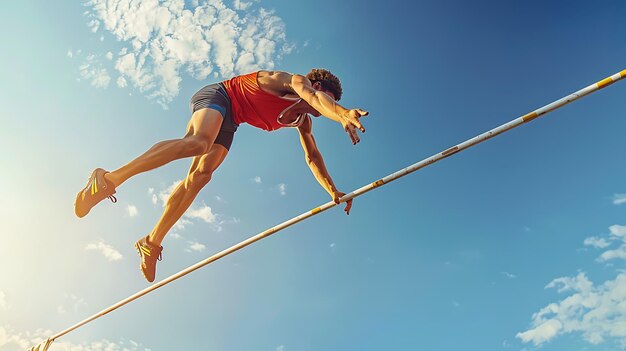 Foto atleta masculino pulando sobre a barra durante uma competição de salto com vara ele está vestindo um uniforme vermelho e azul e está no ar