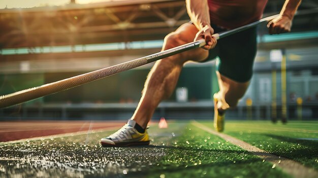 Foto atleta masculino saltando por encima de la barra en un estadio de atletismo durante un día soleado