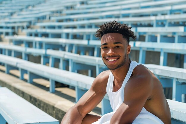 Atleta masculino sonriente después de correr un ejercicio deportivo de entrenamiento con una toalla hombre afroamericano sentado en las gradas y escaleras vacías del estadio