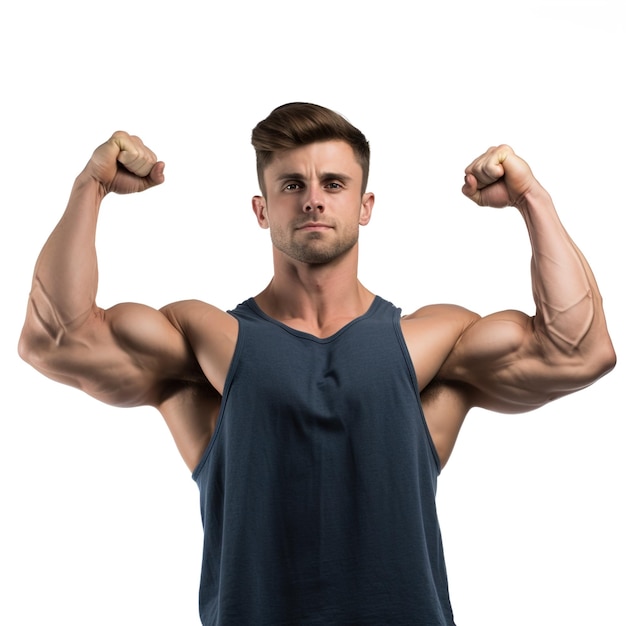 Atleta masculino sonriente flexionando el deporte muscular empoderado y fuerte aislado en un fondo blanco