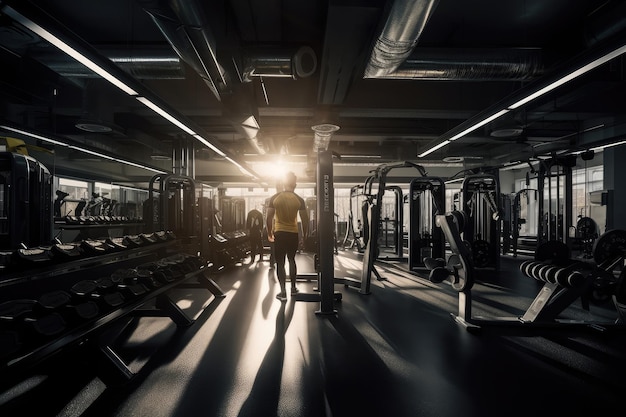 Atleta motivado en el gimnasio rodeado de modernos equipos generativos IA