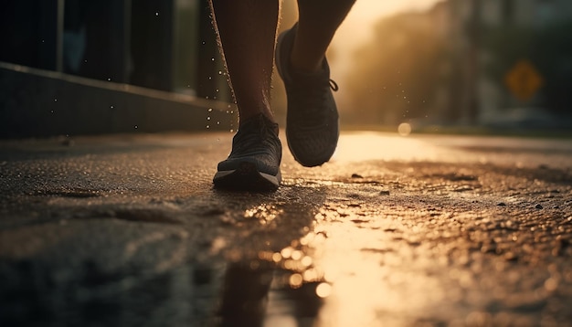 Atleta musculoso trotando en la naturaleza al atardecer generado por IA