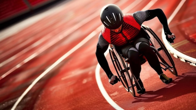 Atleta paralímpico en silla de ruedas compitiendo en una pista de IA Generative