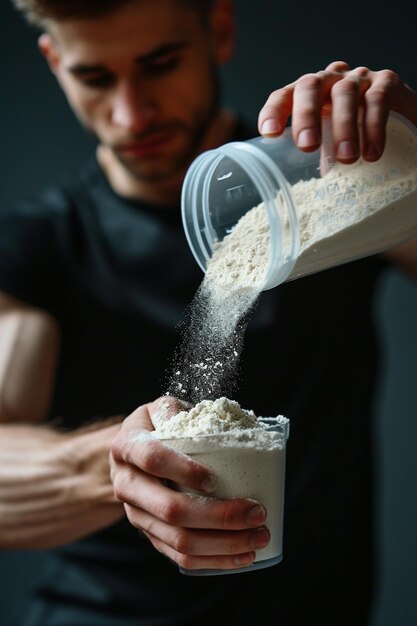 Foto un atleta prepara un batido de proteínas