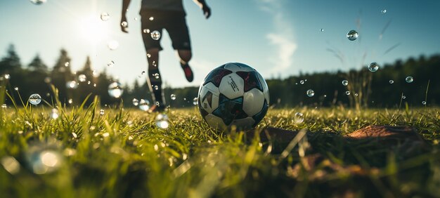 Atleta preparándose para la acción deportiva colocando la pelota en el césped