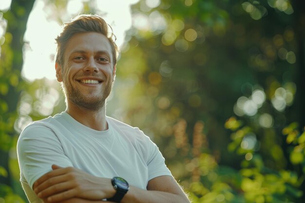 Foto atleta que hace ejercicio al aire libre sintiéndose fuerte y feliz