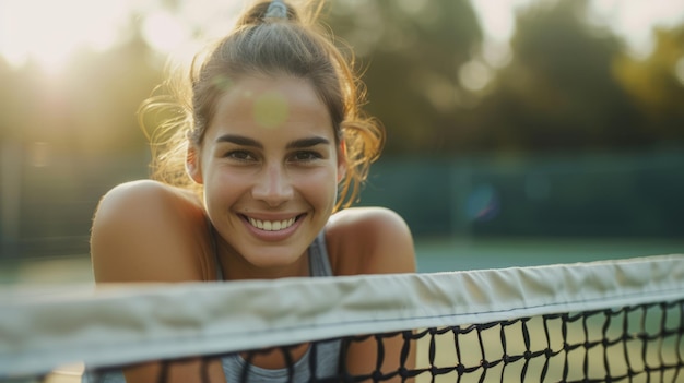 Atleta sorridente com raquete apoiada em rede de tênis