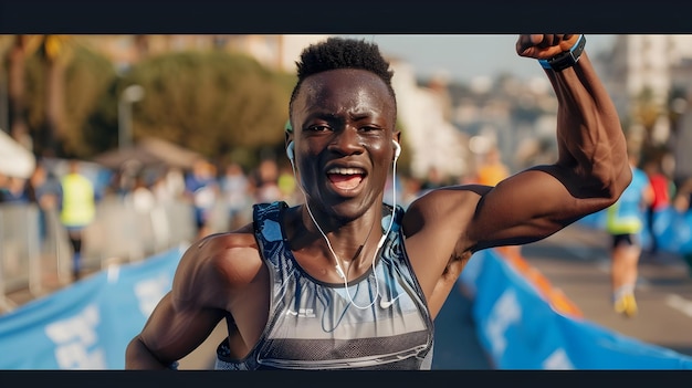 Foto atleta triunfante atravessa a linha de chegada com expressão determinada