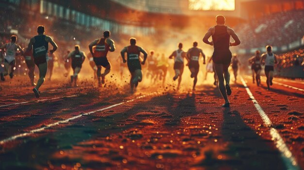 Atletas correndo por um estádio cheio de espectadores Uma corrida em massa