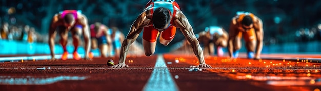 Foto atletas de atletismo preparando-se na linha de partida concentrados e preparados para o estilo macro de alta velocidade