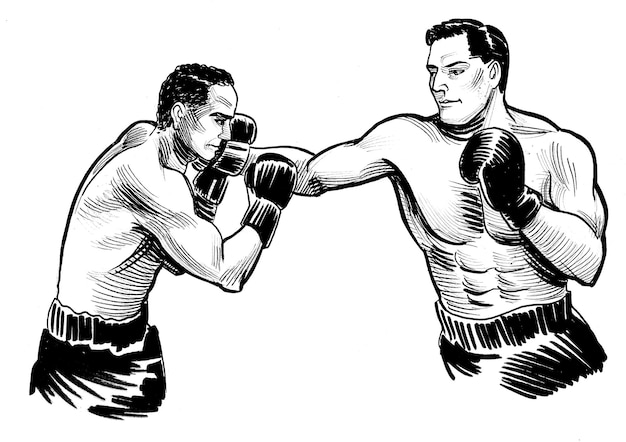 Atletas de boxe ilustração preto e branco de tinta desenhada à mão