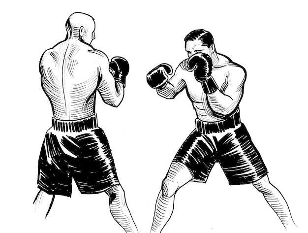 Atletas de boxe ilustração preto e branco de tinta desenhada à mão