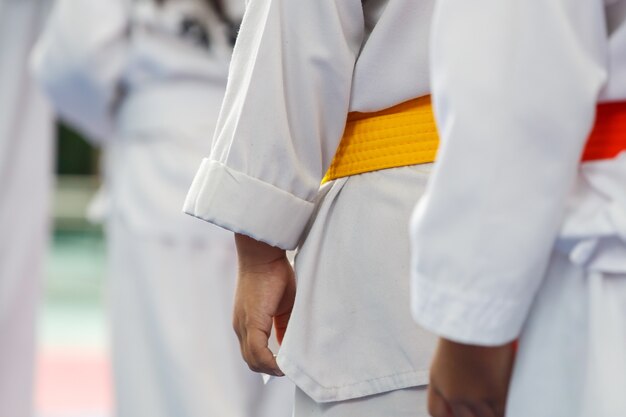 Atletas de taekwondo com uniforme e faixa amarela