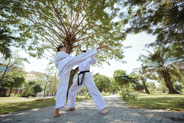 Atletas de taekwondo lutando no parque