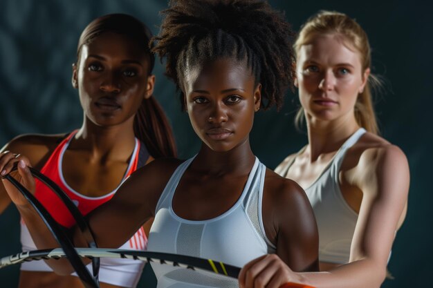 Foto atletas do sexo feminino de diferentes corridas segurando equipamentos esportivos juntos