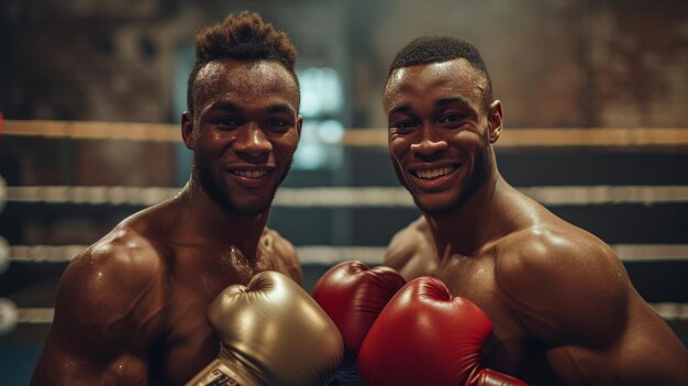 Foto atletas em trajes de boxe expressando felicidade com sorrisos sinceros e olhares amigáveis