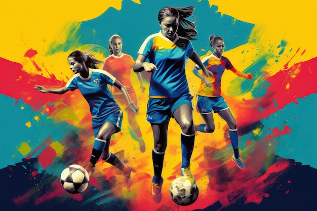 Atletas femininas com futebol jogando futebol como equipe
