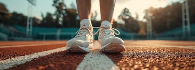 Atletas masculinos con zapatillas de correr en la línea de salida del estadio concepto de maratón de corredor deportivo