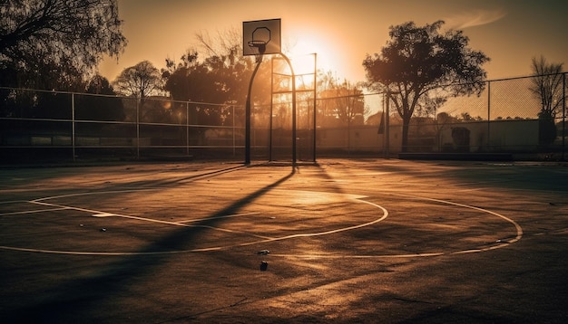 Los atletas practican deportes competitivos en el aro de baloncesto iluminado generado por IA