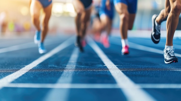 Los atletas que corren en una pista de atletismo profesional