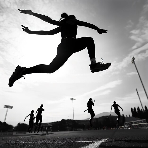 Foto atletas saltando en el campo de deportes