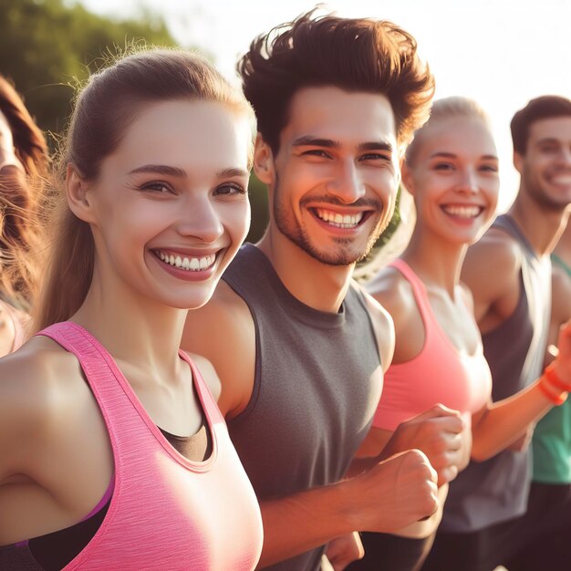 Atletas sonrientes haciendo ejercicio al aire libre irradiando felicidad y confianza