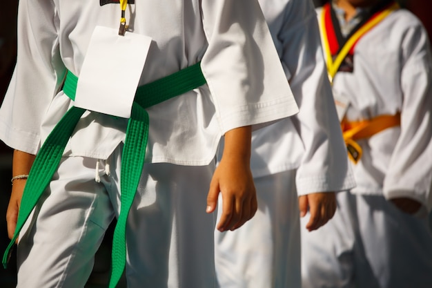 Atletas de taekwondo con uniforme caminando en fila