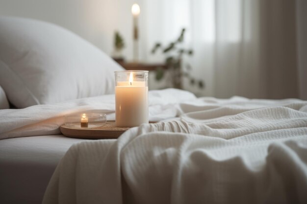 Foto atmosfera acogedora en el dormitorio con una vela encendida en la cama