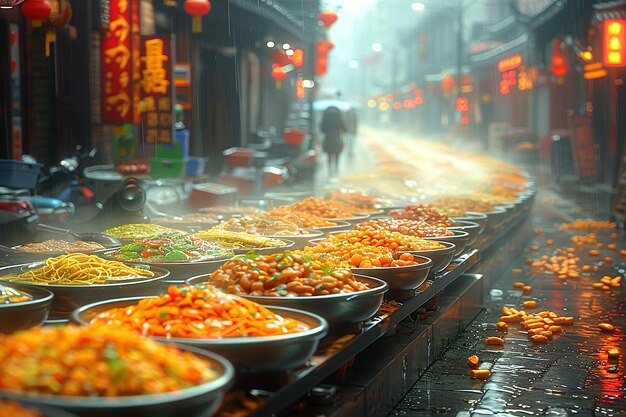 atmósfera animada y colorida de una calle de comida