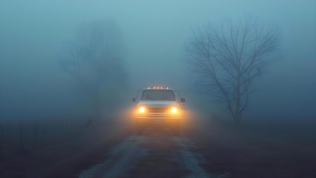 Foto atmosfera assustadora em estrada de campo nebulosa camião com faróis condução em conceito de baixa visibilidade paisagem nebulosa estrada de campo atmosfera asustadora camião de baixa visível com faróis