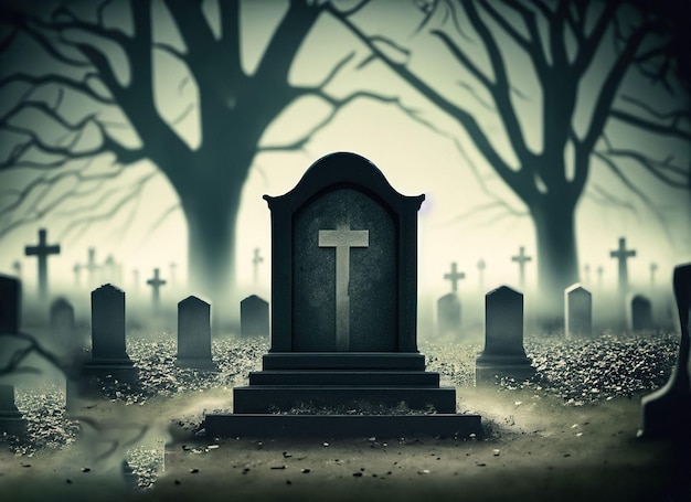 Atmosfera assustadora no cemitério com lápide