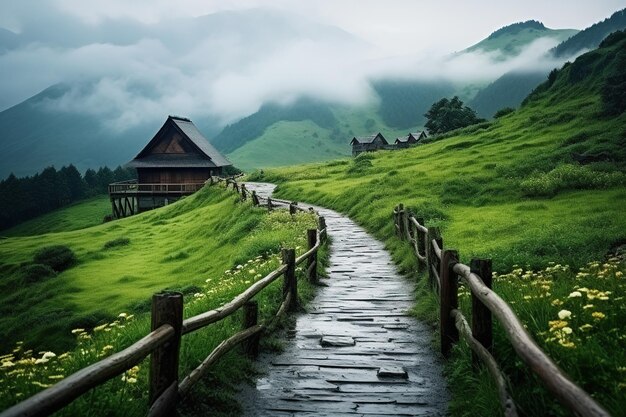 Atmosfera chuvosa montanhas verdes cheias de pequenas flores que levam ao topo da montanha é uma estrada de madeira com um pavilhão no topo