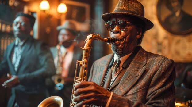 Atmosfera de un club de jazz vintage con un elegante saxofonista actuando y miembros de la banda en el fondo