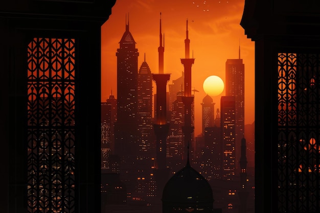 Atmosfera da noite de Ramadã em uma cidade metropolitana com silhuetas de edifícios altos