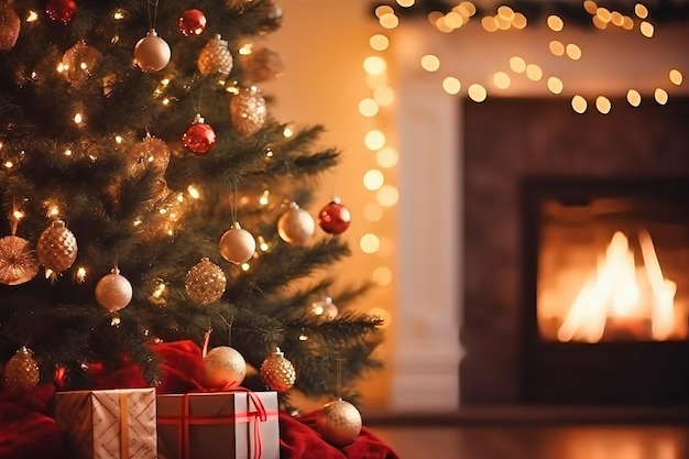 Atmosfera de férias de inverno em uma sala quente com uma árvore de Natal cheia de luzes e brinquedos perto de uma lareira fofa com presentes Interior de Natal Design de ano novo Fundo desfocado Foco seletivo