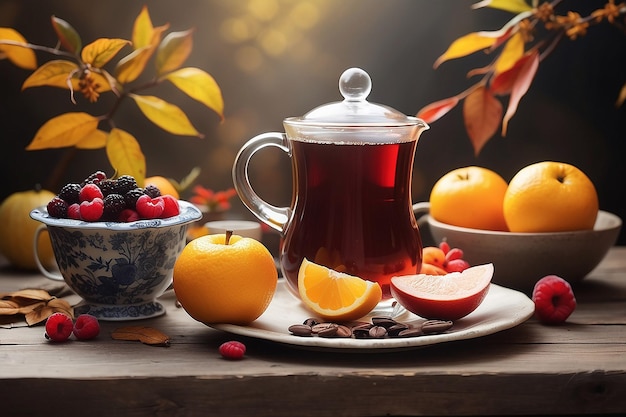 Atmosfera de outono chá quente e frutas