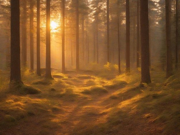 La atmósfera mística de un bosque bañado en el cálido resplandor dorado de la puesta de sol