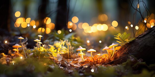 Foto atmosfera natural de la noche con luces de hadas en el suelo del bosque