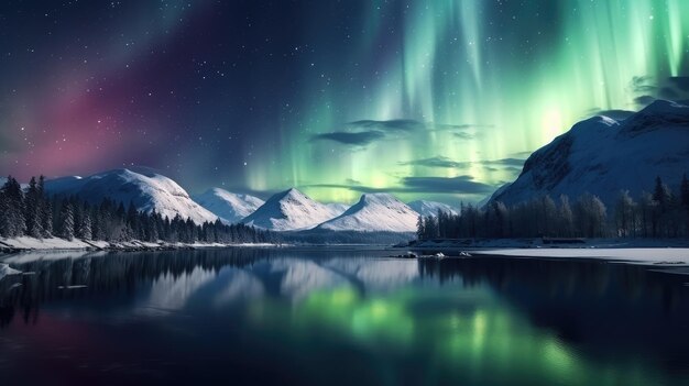 atmósfera de noche de cuento de hadas de invierno hermosas luces del norte en el cielo