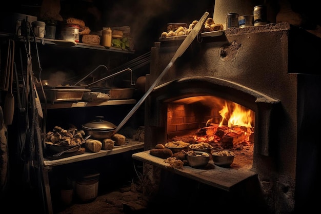 La atmósfera nocturna del horno de pizza